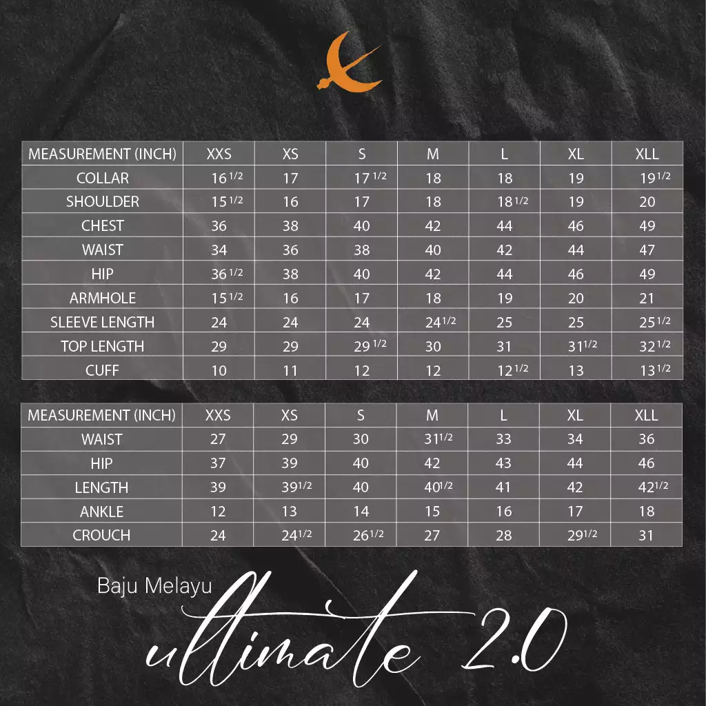 baju melayu ultimate 2.0 sizing chart